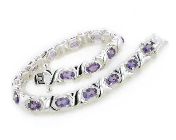 Sterling Silver Elegant X Link and Genuine Oval Amethyst Bracelet - 7.5"