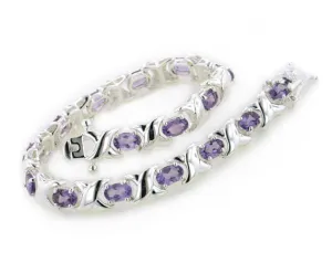 Sterling Silver Elegant X Link and Genuine Oval Amethyst Bracelet - 7.5"