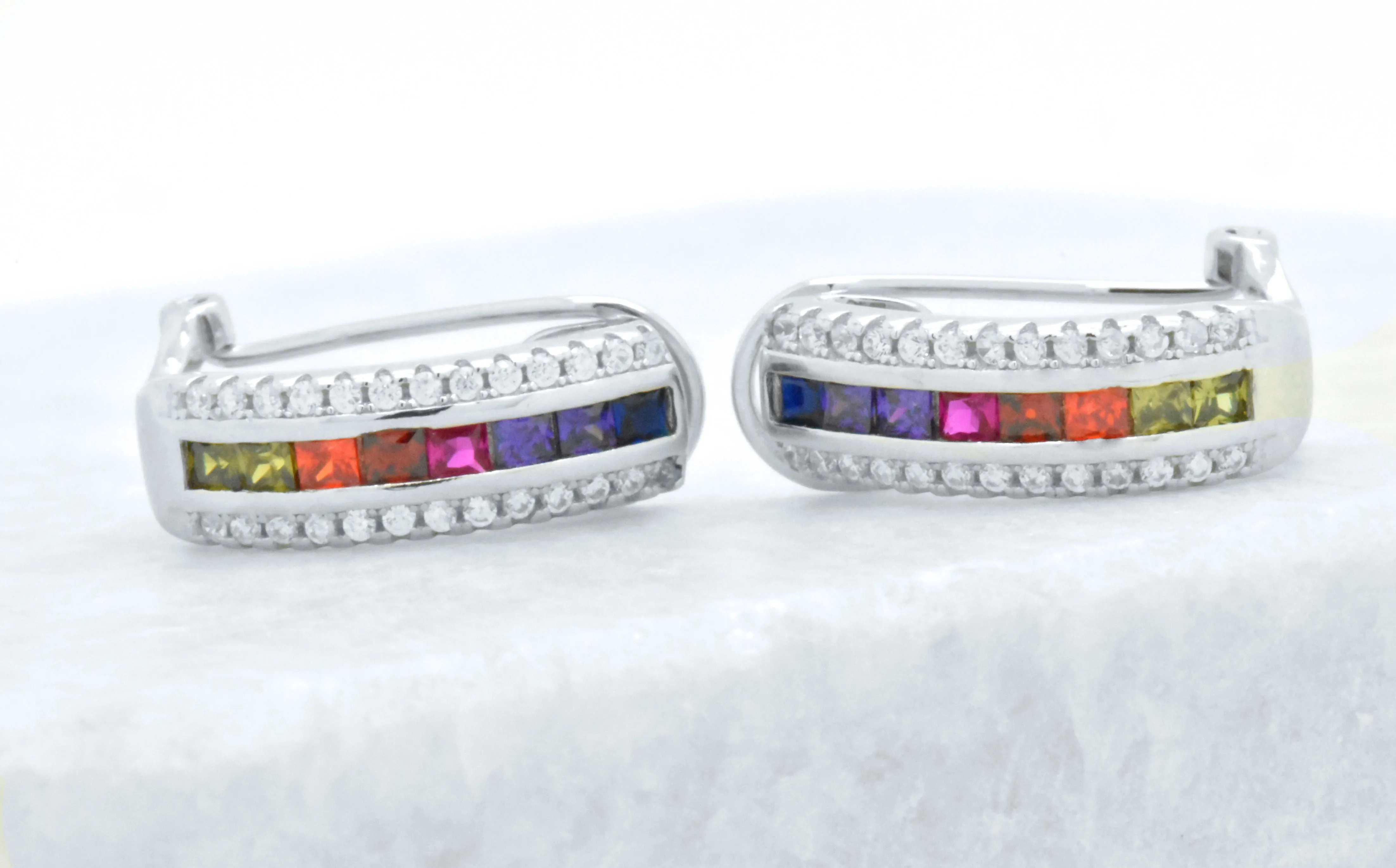 Sterling Silver Rainbow Created Sapphire 3 Row Omega Earrings