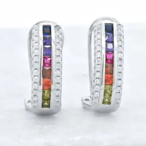 Sterling Silver Rainbow Created Sapphire 3 Row Omega Earrings