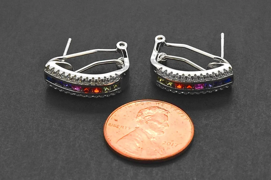 Sterling Silver Rainbow Created Sapphire 3 Row Omega Earrings