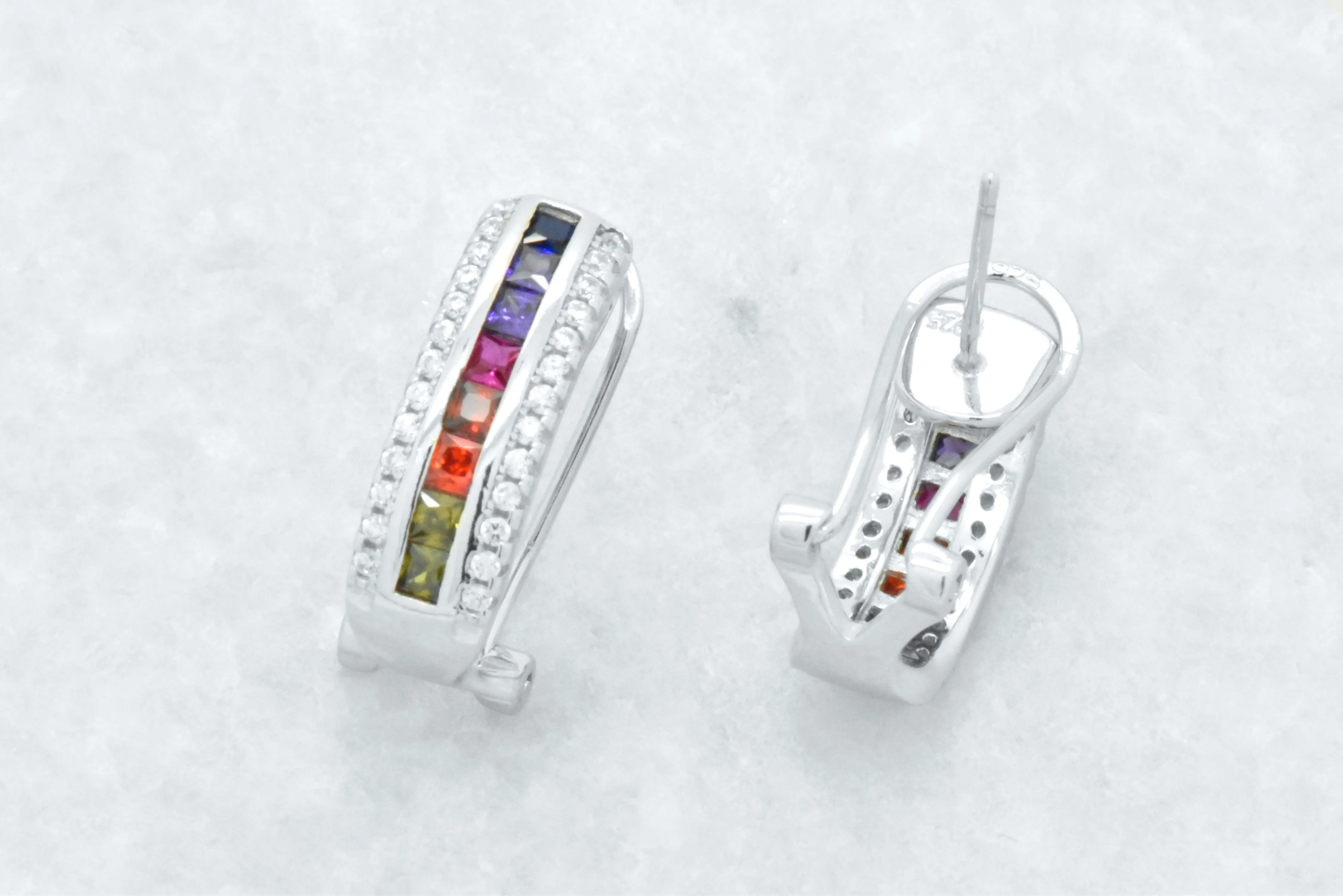 Sterling Silver Rainbow Created Sapphire 3 Row Omega Earrings