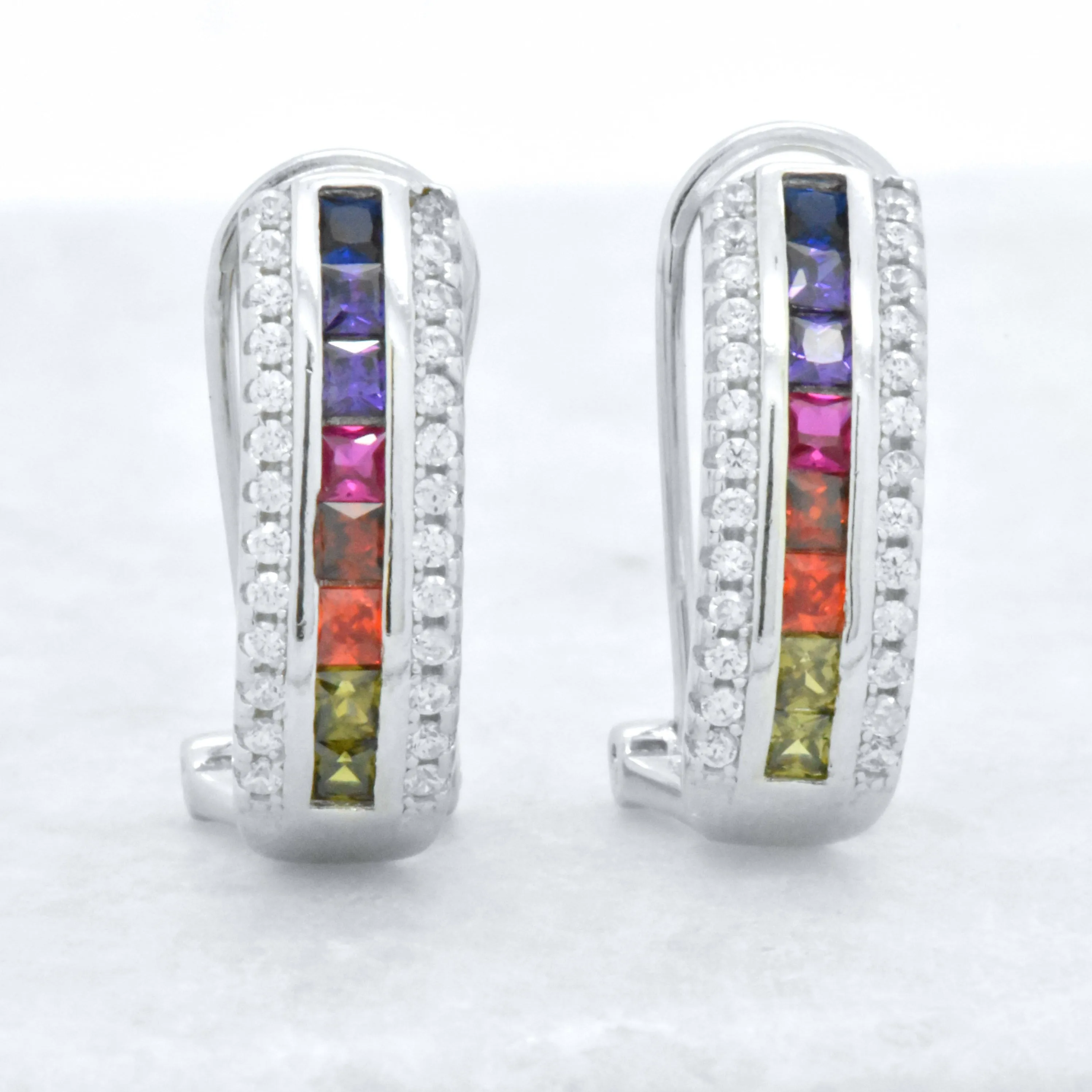 Sterling Silver Rainbow Created Sapphire 3 Row Omega Earrings