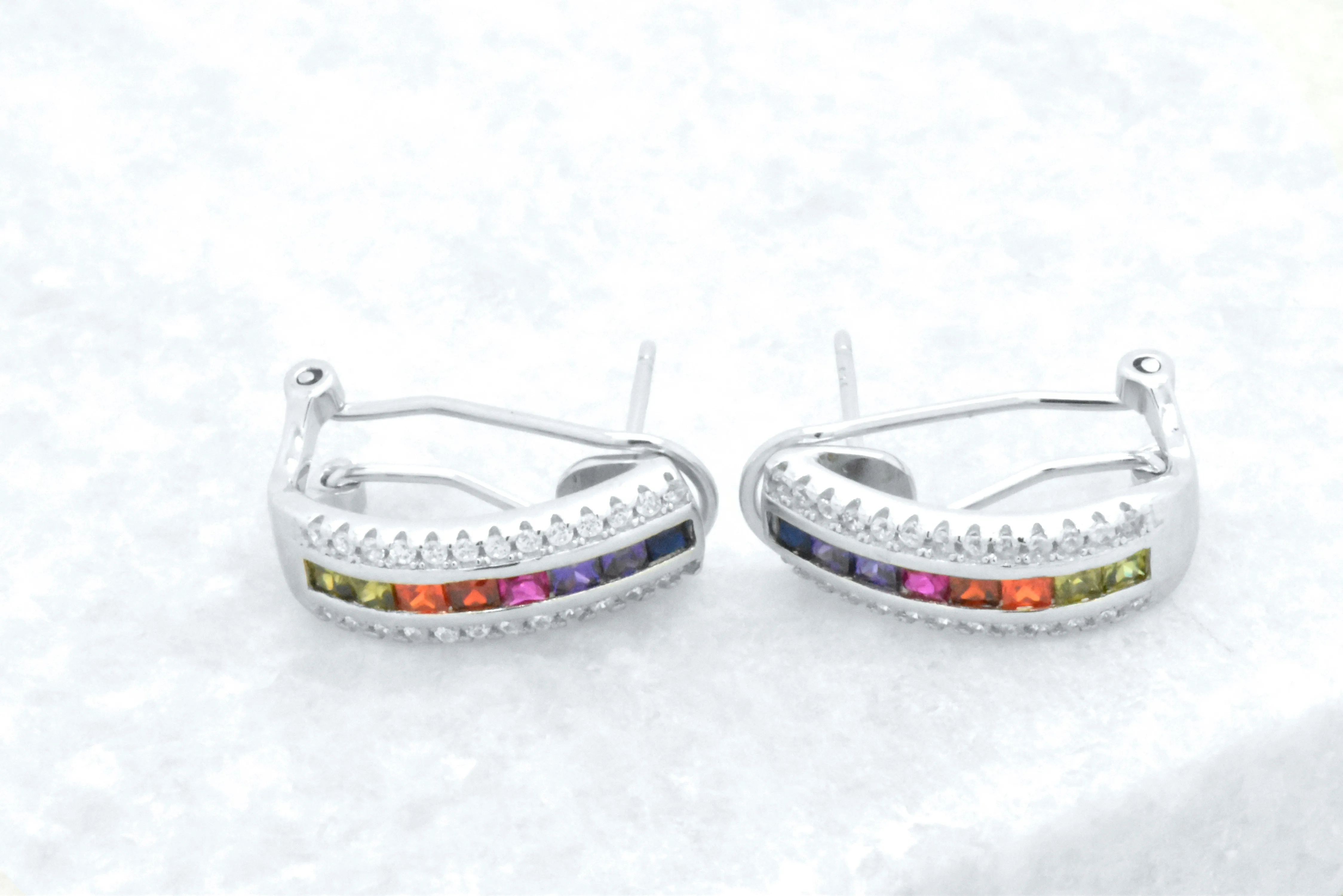Sterling Silver Rainbow Created Sapphire 3 Row Omega Earrings