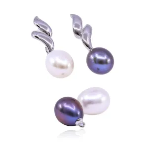 STERLING SILVER WHITE AND BLACK INTERCHANGEABLE FRESHWATER PEARL DROP EARRINGS