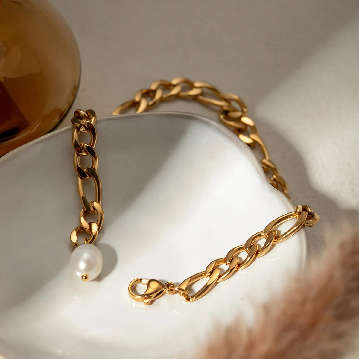 TEEK - Stainless Steel Chain Pearl Gold Anklet