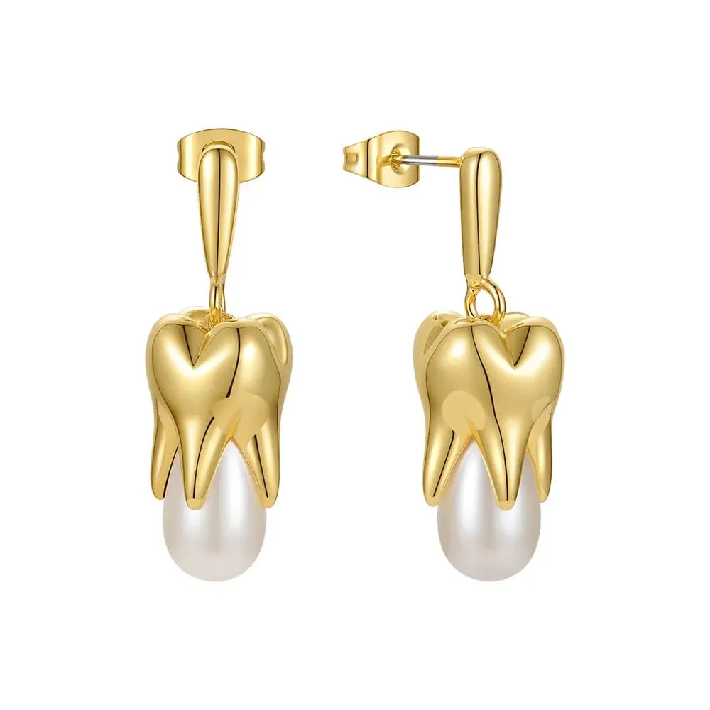 Tooth Shape Pearl Drop Earrings For Women Gold Color Earrings Jewelry