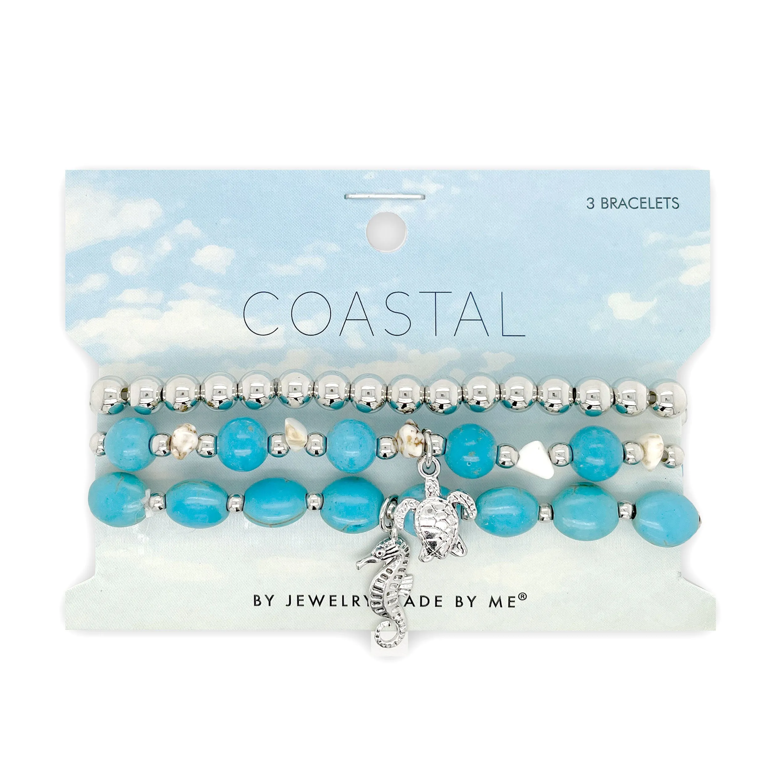 Turquoise and Silver Beads Stretch Bracelets 3pc Set