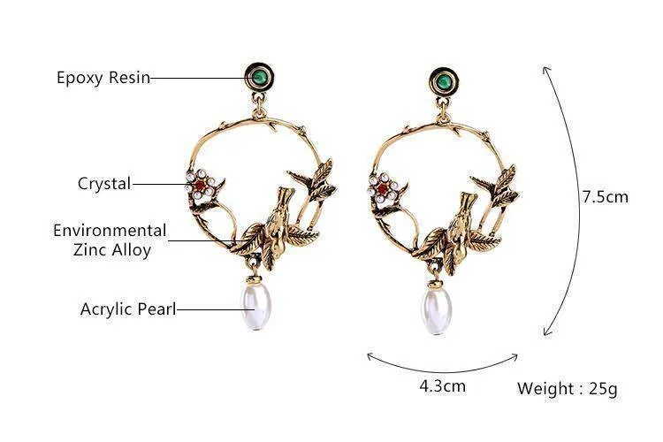 Vintage 3D bird pearl drop earring
