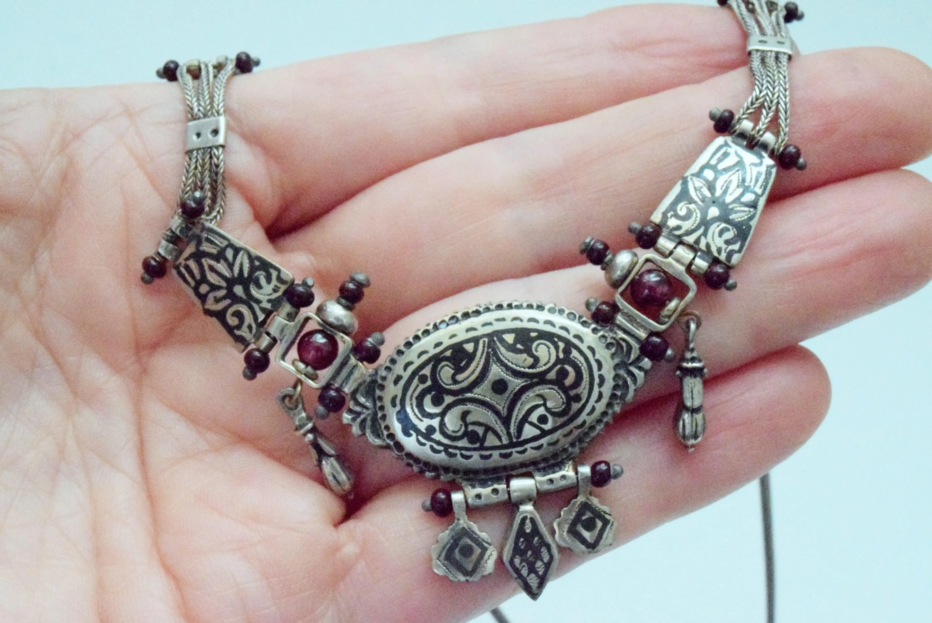 Vintage Turkish Silver Niello and Garnet Choker Necklace