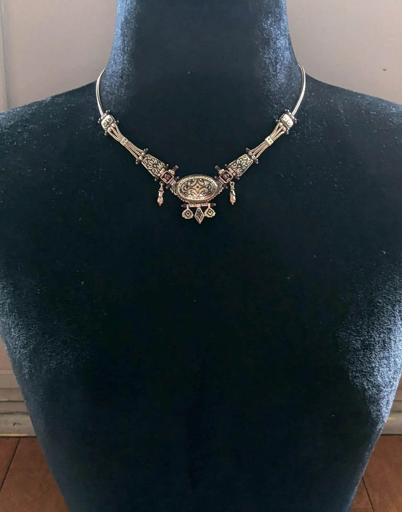 Vintage Turkish Silver Niello and Garnet Choker Necklace