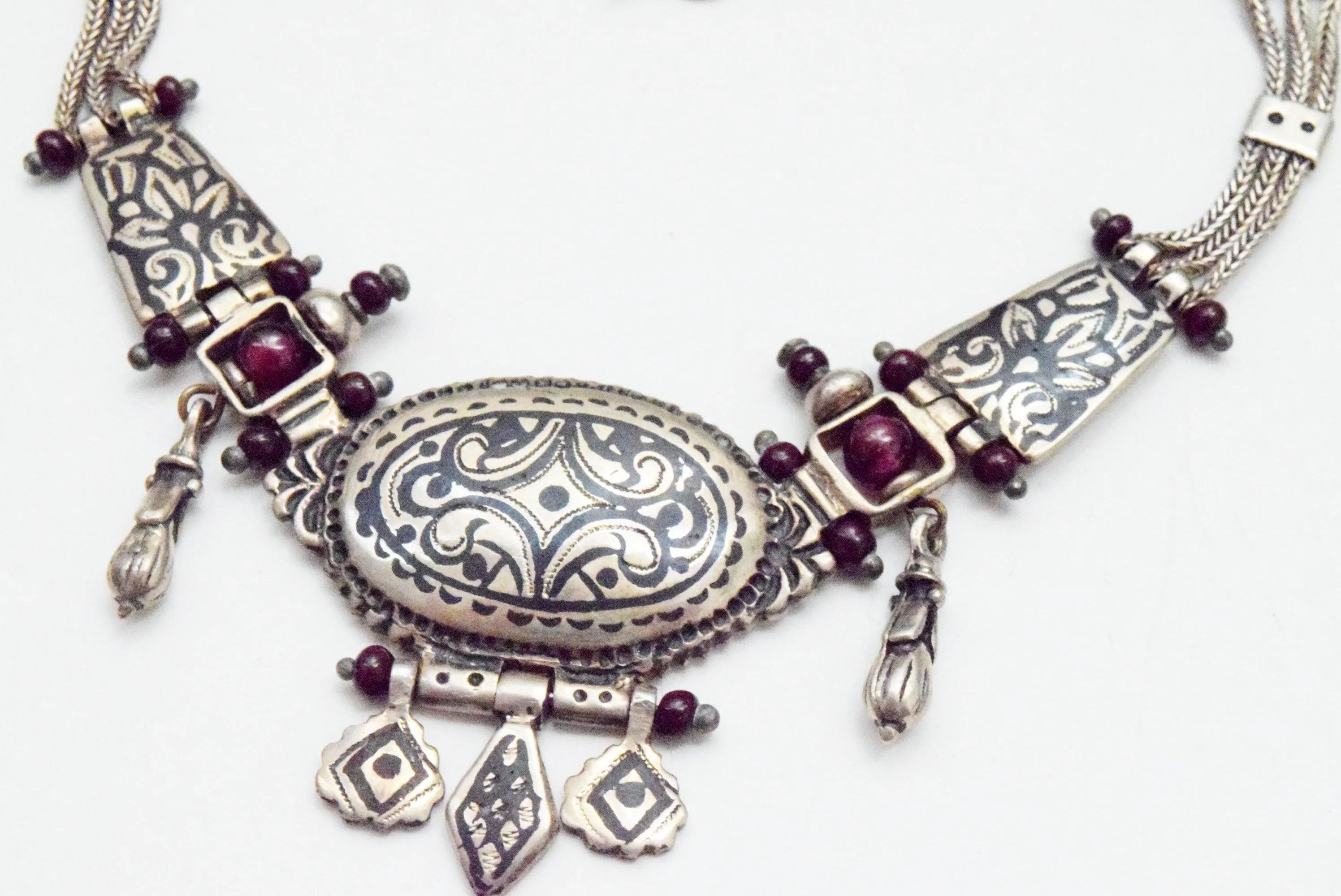Vintage Turkish Silver Niello and Garnet Choker Necklace