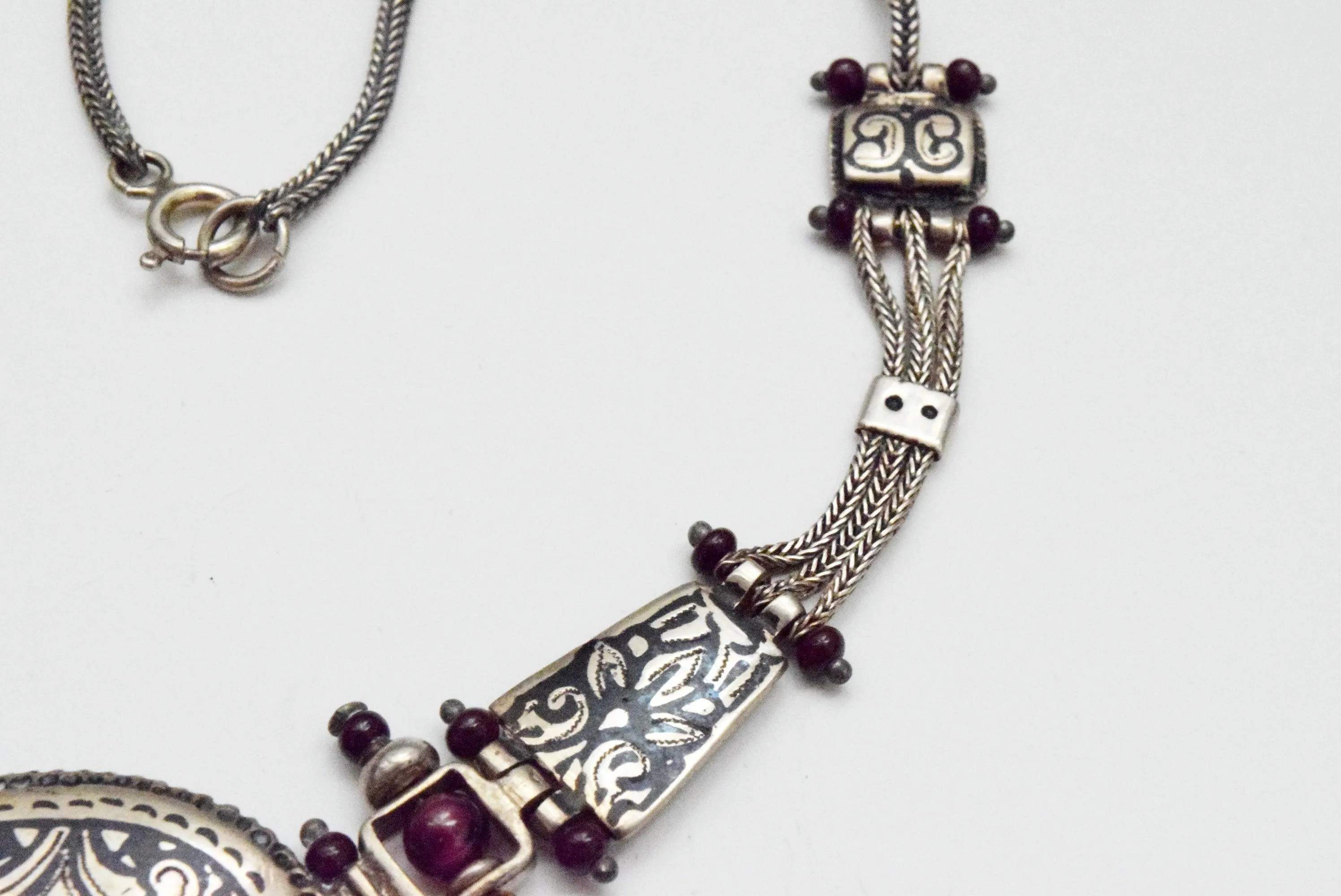 Vintage Turkish Silver Niello and Garnet Choker Necklace