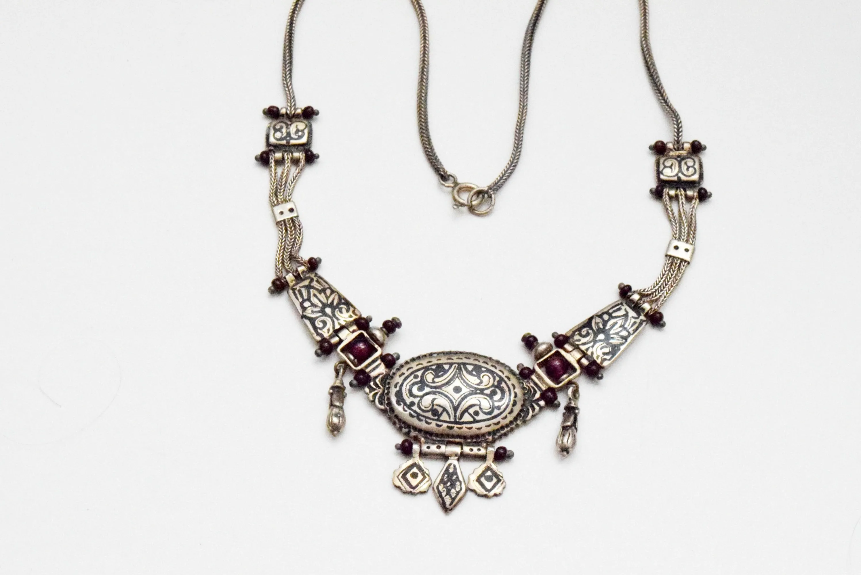 Vintage Turkish Silver Niello and Garnet Choker Necklace