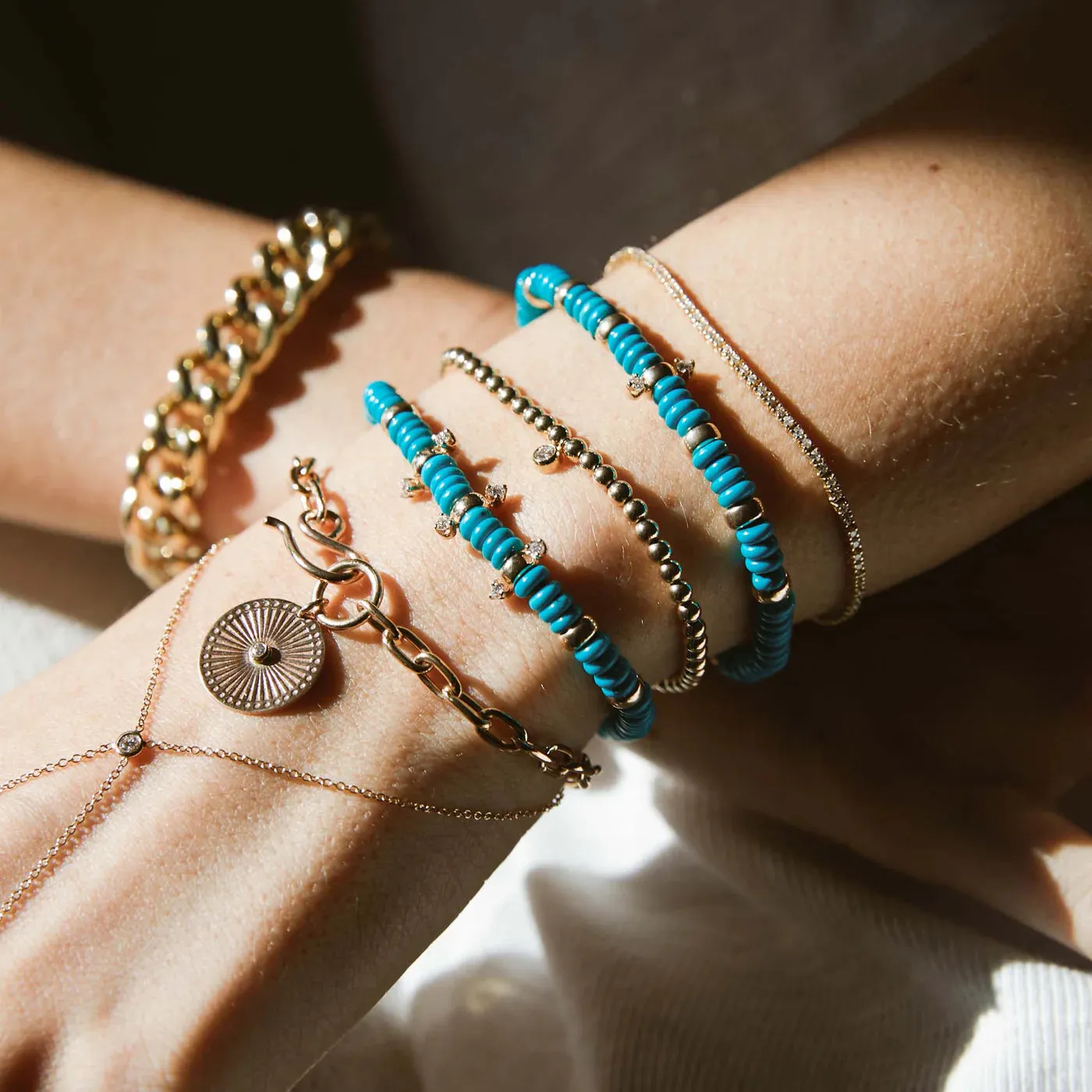 Zoe Chicco 14k Gold & Turquoise Rondelle Bead Bracelet with 2 Prong Diamonds